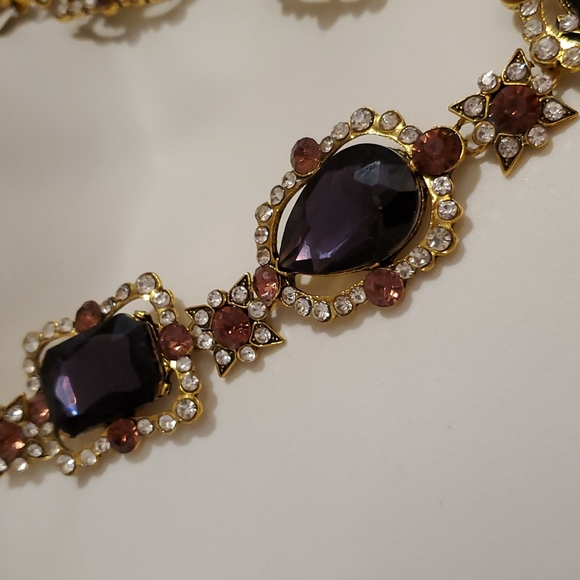 Purple amber and clear rhinestones goldtone statement necklace NIB wedding prom - Picture 10 of 10